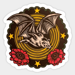 Hand Painted Bat flying above red flowers Sticker